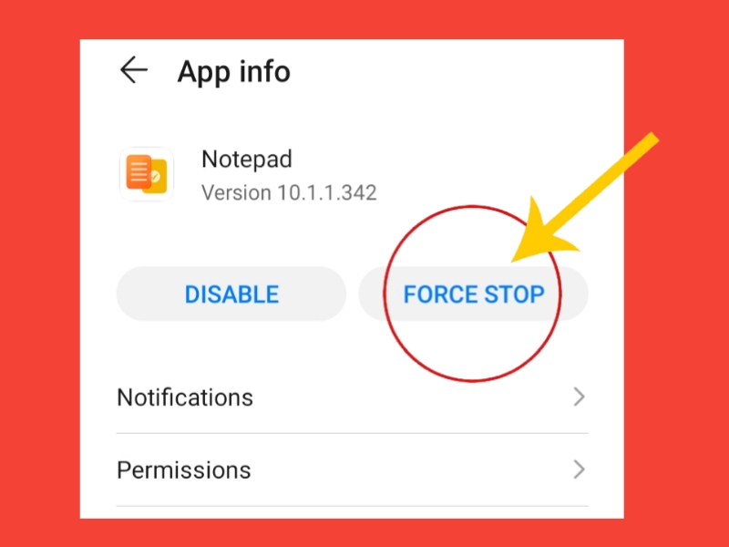 এই ছবিতে Notepad অ্যাপ Force Stop করার সিস্টেম দেখানো হয়েছে।