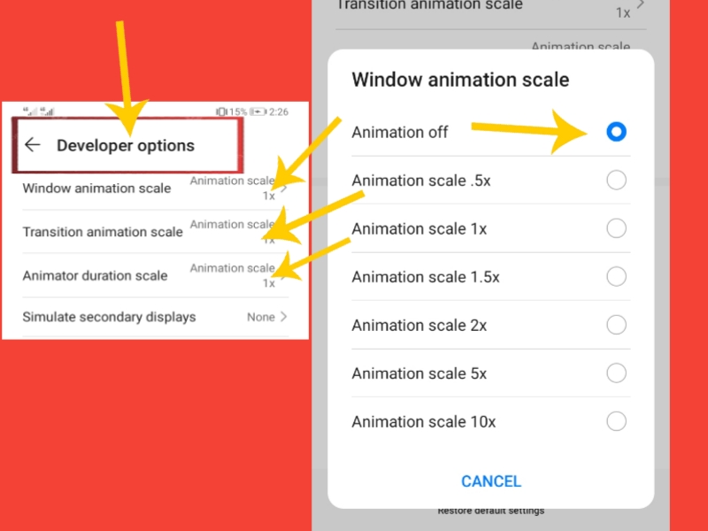 Animation Scale কমাতে বা বন্ধ করতে Developer Options সিলেক্ট করতে হবে তারপর animation off অথবা Animation scale কমিয়ে দেওয়ার সিস্টেম দেখানো হয়েছে।