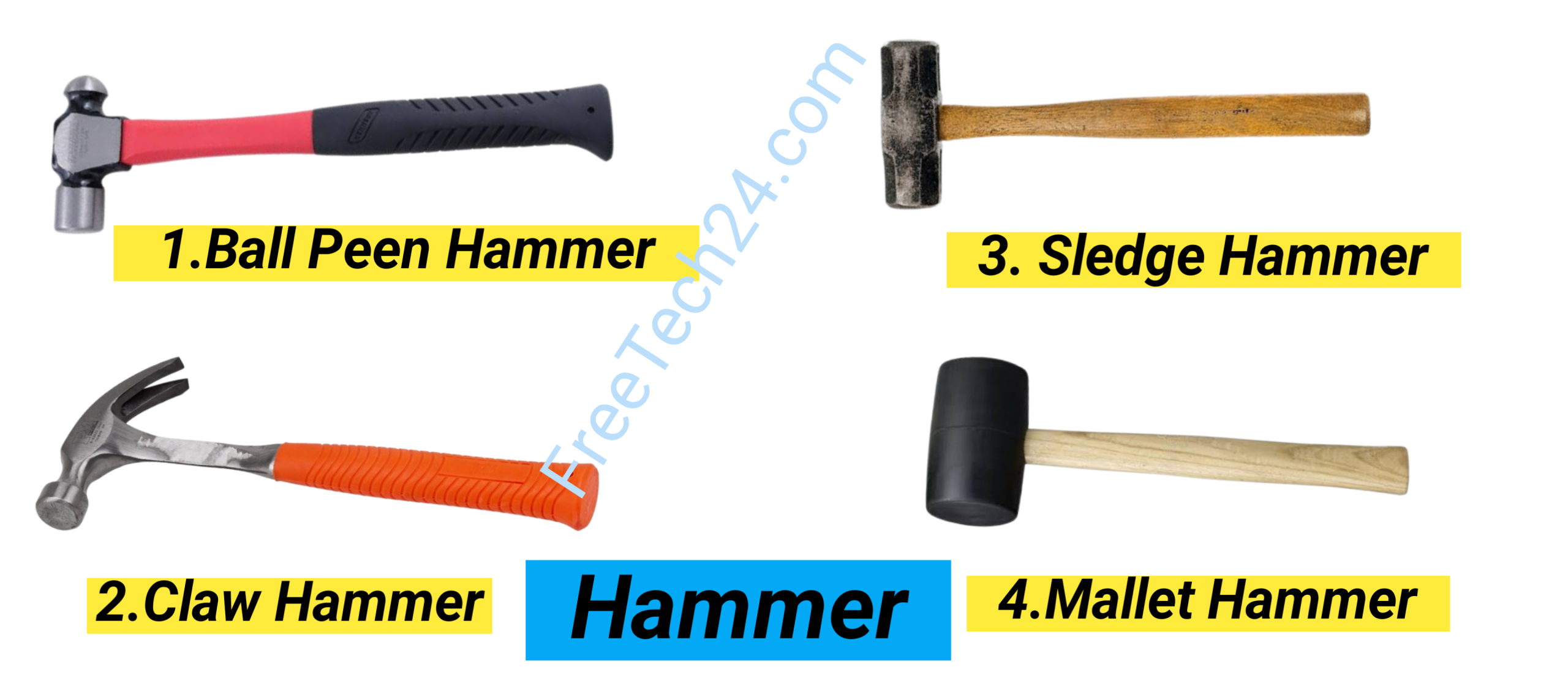 Ball peen hammer image – metalworking hammer for shaping steel. বল পিন হ্যামার ছবি – ধাতু পেটানো ও আকৃতি দেওয়ার যন্ত্র। Claw hammer photo – carpenter’s tool for nails driving and removing. ক্লো হ্যামার ছবি – পেরেক ঠোকা ও টানার কাজে ব্যবহৃত হাতুড়ি। Sledge hammer image – heavy hammer for breaking concrete or metal. স্লেজ হ্যামার ছবি – ভারী বস্তু বা কংক্রিট ভাঙার হাতুড়ি। Mallet hammer photo – wooden or rubber hammer for gentle striking. ম্যালেট হ্যামার ছবি – কাঠ বা রাবারের হাতুড়ি, নরম আঘাতে ব্যবহৃত।
