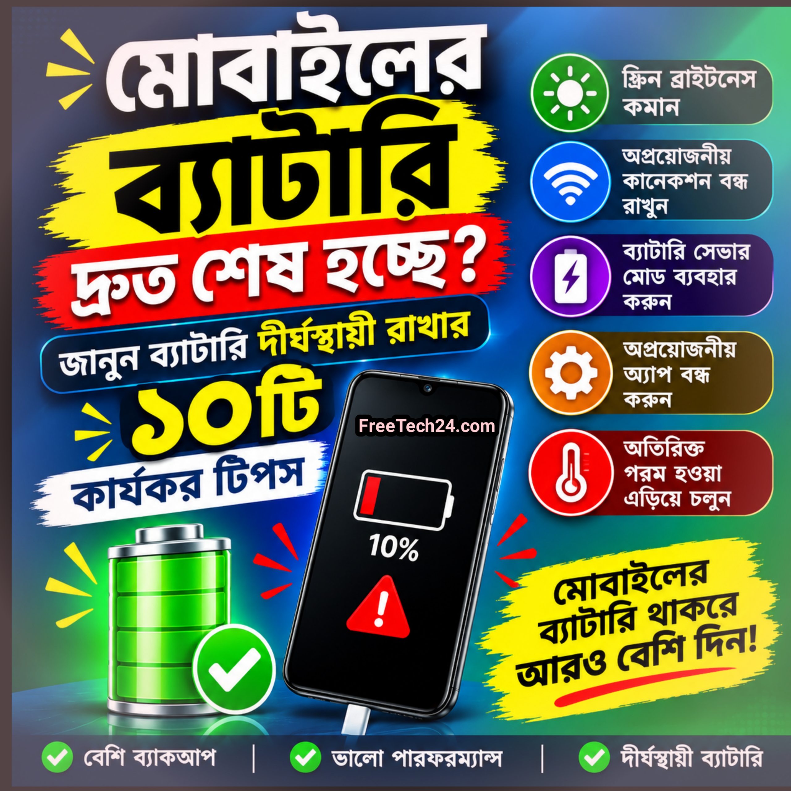 মোবাইলের ব্যাটারি দ্রুত শেষ হচ্ছে? জানুন ব্যাটারি দীর্ঘস্থায়ী রাখার ১০টি কার্যকর টিপস ⚡