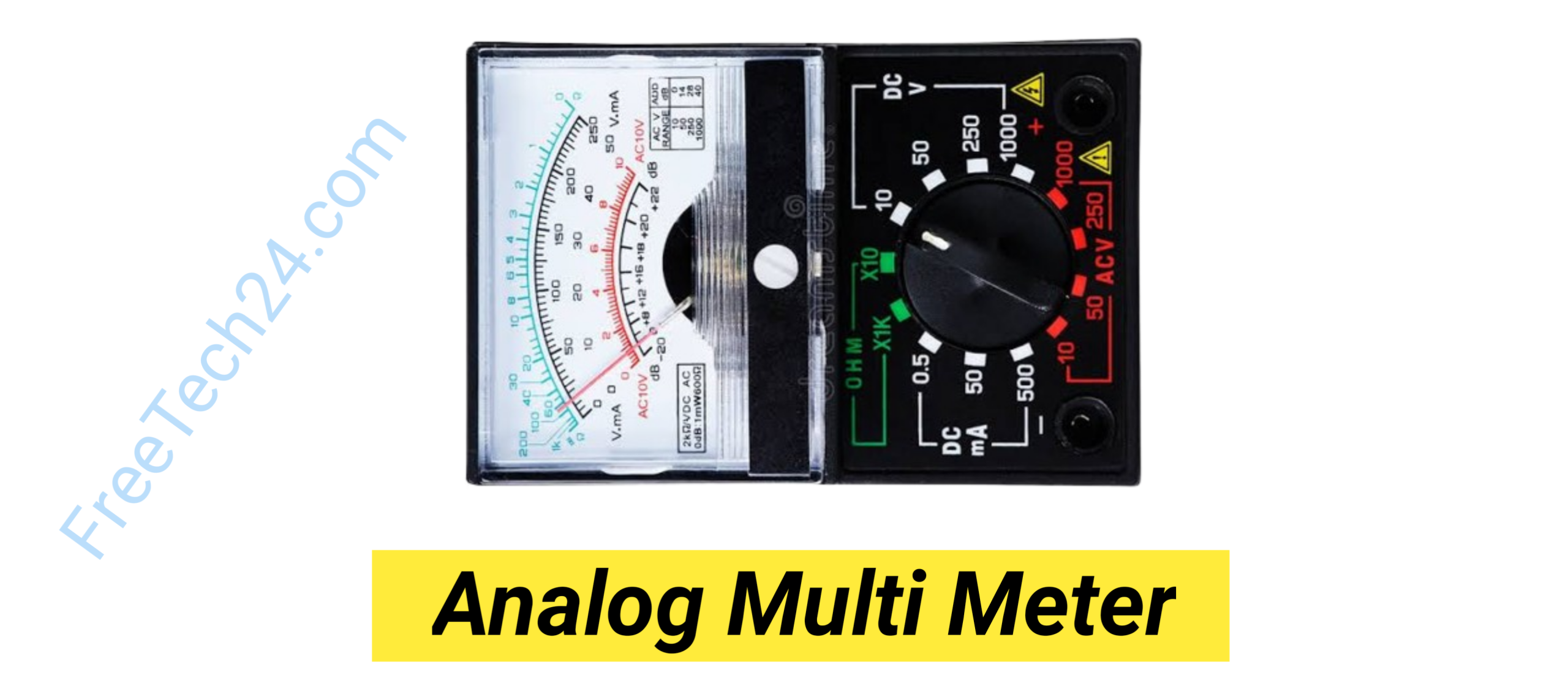  Analog Multimeter : কাঁটার মাধ্যমে ভোল্টেজ, কারেন্ট ও রেজিস্ট্যান্স মাপতে ব্যবহৃত হয়। [Used to measure voltage, current, and resistance with an analog needle.]