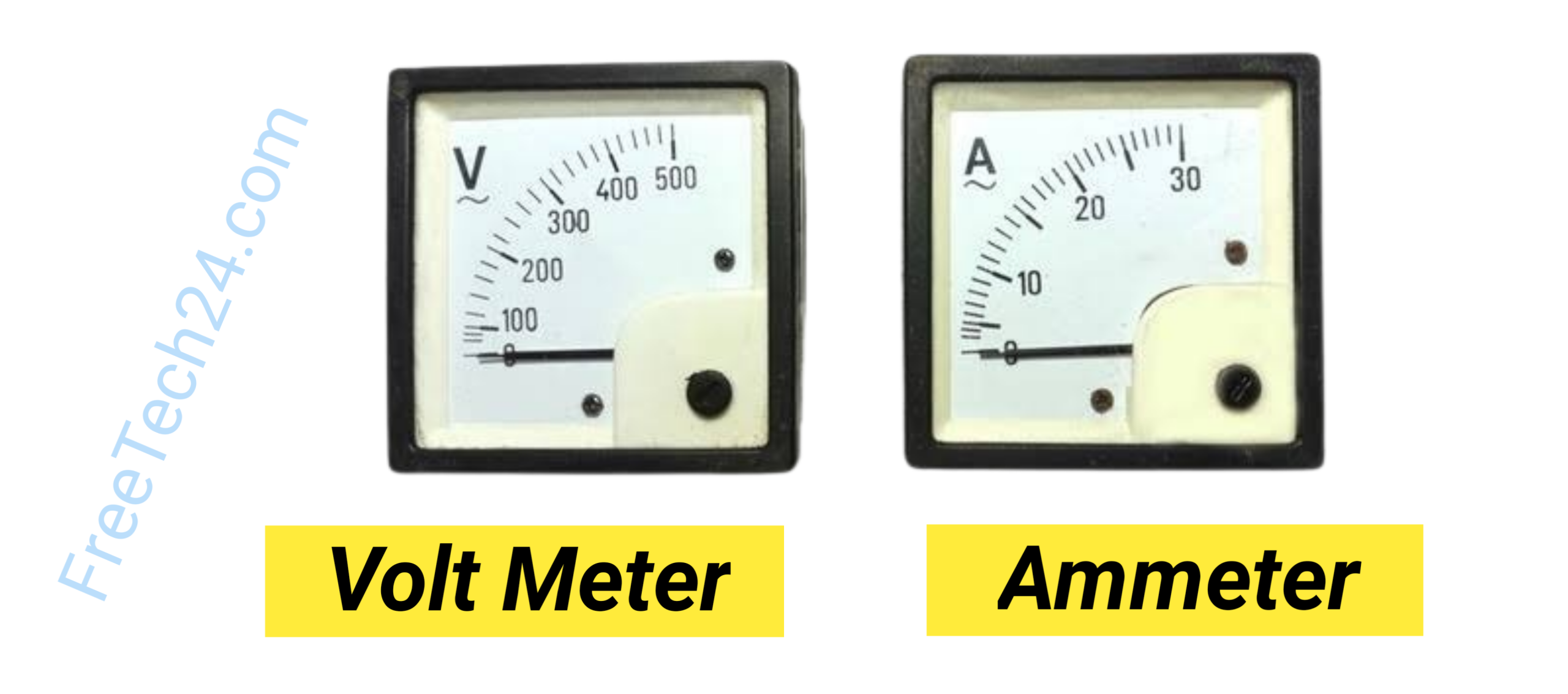 Voltmeter : বৈদ্যুতিক ভোল্টেজ পরিমাপ করতে ব্যবহৃত হয়। [Used to measure electrical voltage.] Ammeter : বৈদ্যুতিক কারেন্ট পরিমাপ করতে ব্যবহৃত হয়। [Used to measure electrical current.]