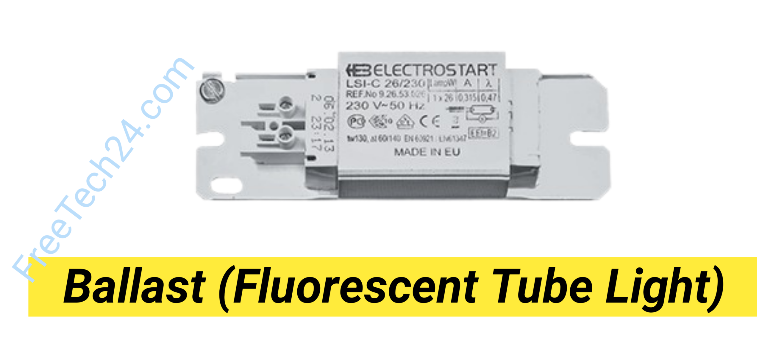 Fluorescent Tube Light Ballast : টিউবলাইটের কারেন্ট নিয়ন্ত্রণ করতে এবং টিউবলাইট চালু হতে সাহায্য করতে ব্যবহৃত হয়। [Used to control the current and help a fluorescent tube light operate properly.] 